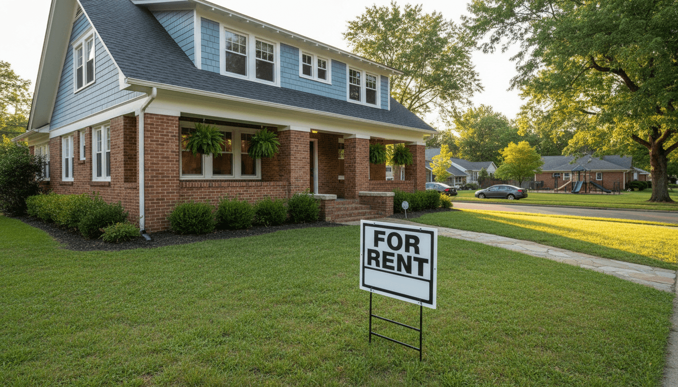 Luxury rental property with For Rent sign in front yard