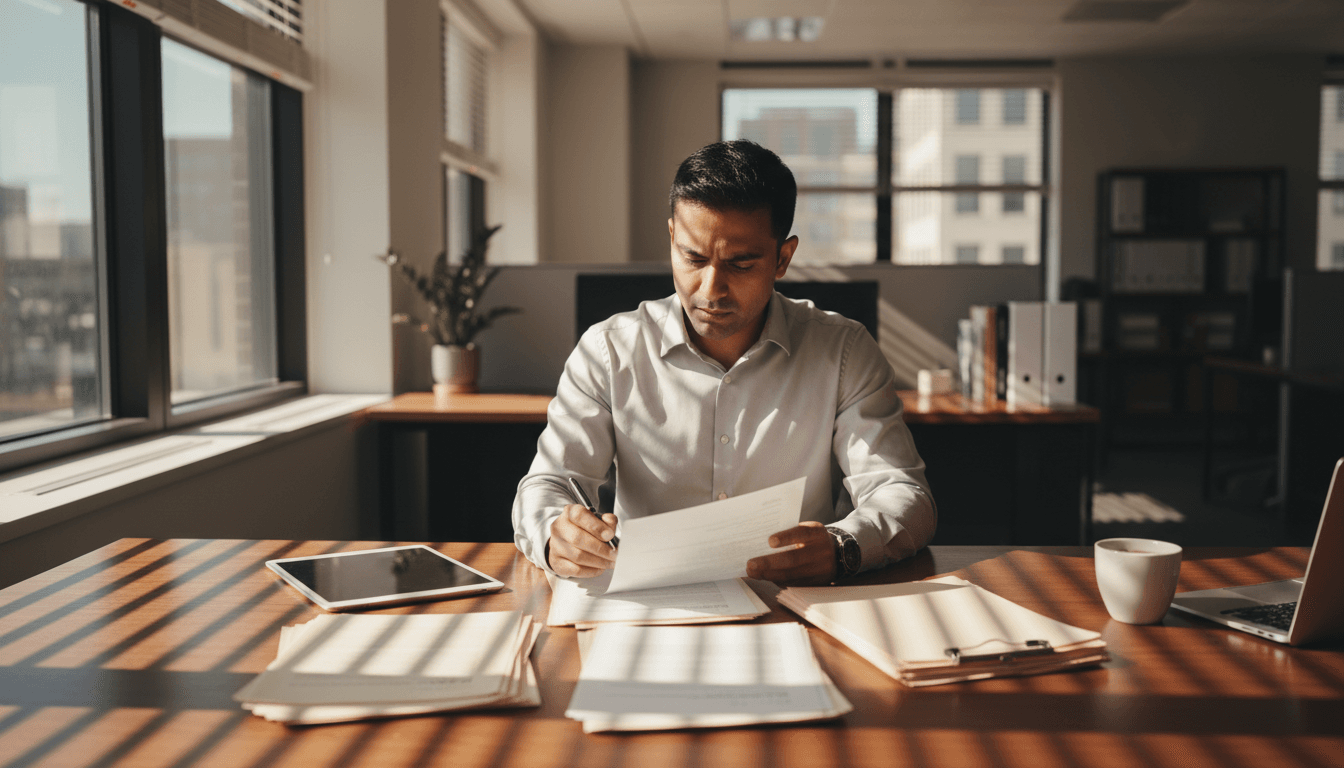 Property manager reviewing residential lease documents at desk in office