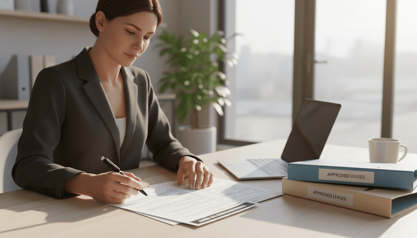 Property manager reviewing tenant applications and lease documents at desk